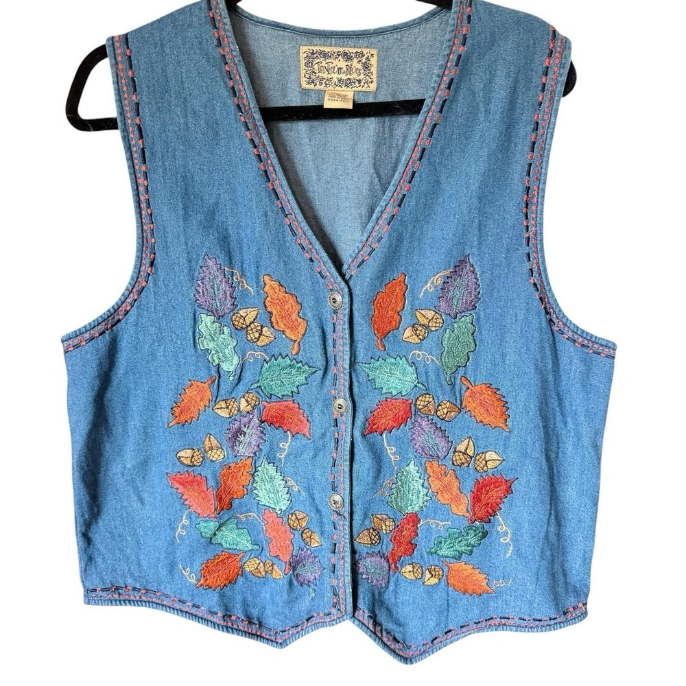 Vintage Tantrum Blues Vest Large Embroidered Denim Leaf Autumn Fall Cottagecore